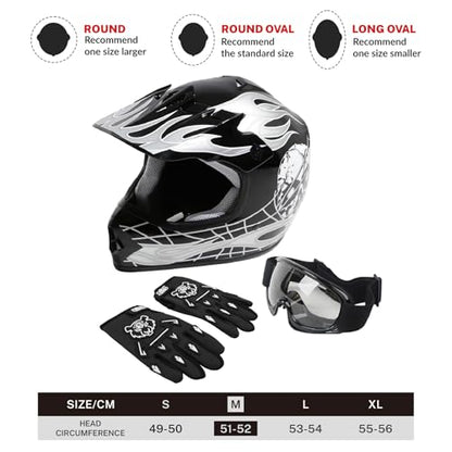 SLMOTO Dot Youth & Kids Motocross Offroad Street Helmet Motorcycle Helmet Dirt Bike Motocross ATV Helmet+Goggles+Gloves, Black Skull Design, Medium - color: Black Skull, size: Medium