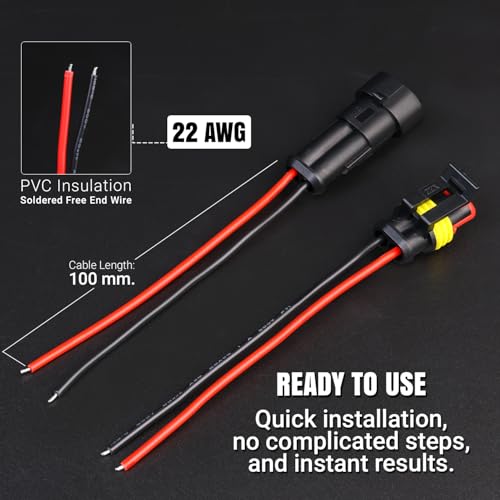 TMH 2 Pin Connector 22 AWG - 2 Wire 10cm. Waterproof Connectors Electrical Male and Female Connectors 2 Way with Heat Shrink Tubing for Car Truck Boat Wire Connection (6 Sets) - size: 2 Pin - 6 Sets