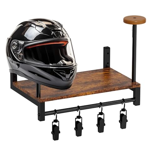 Hat Rack Wall Mount - Hat Holder Wall Hanger - Organizer with 4 Clips, Safety Hanger Display Stand, Wooden Storage Rack for Jacket, Gloves, Motorcycle Accessories