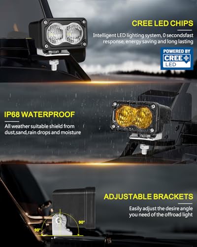 LED Pods, AKD Part 4Pcs 3" 80W Flood CREE LED Pod Lights Small Off Road Driving Lights Backup Reverse Scene Lights for Trucks Motorcycle UTV ATV SUV Dirt Bike - White & Yellow - color: White+Yellow
