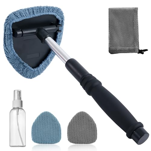 Polyte Pivoting Windshield Glass Cleaning Tool Extendable Aluminum Handle w/3 Premium Microfiber Covers, Spray Bottle, Mesh Bag, Triangle Shaped Plate