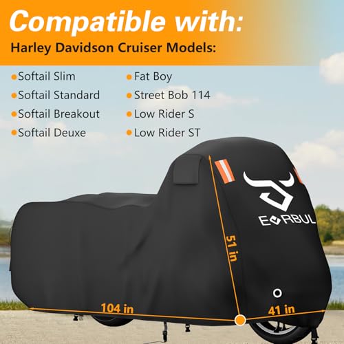 Heavy Duty 420 Motorcycle Cover Compatible with Cruiser Models Harley Davidson Softail Slim,Softail Standard, Softail Breakout, Softail Deuxe, Fat Boy, Street Bob 114 - size: 104’’-Cruiser