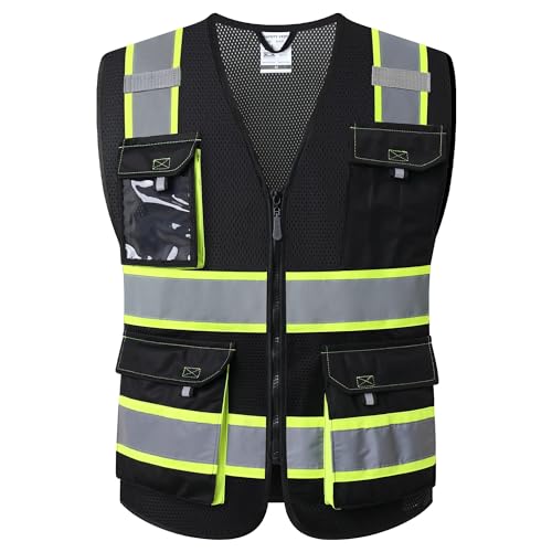 JKSafety Hi Vis Reflective Safety Vests for Men Women High Visibility Vest with Pockets Mesh Fabric Construction Safety Apparel Neon Vest for Work (220-Black XL) - color: Jk220-black, size: X-Large