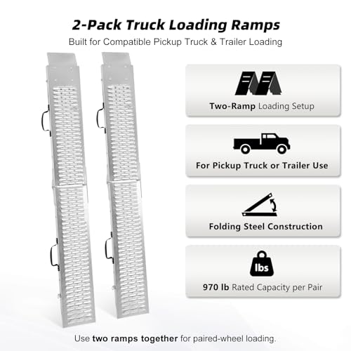 Folding Steel Loading Ramps for Pickup Trucks and Trailers, 970 lb Capacity, Locking Latches, 4 Dual-Hook Ratchet Straps, for Motorcycles, Dirt Bikes and Light ATVs, 72.7 in x 8.9 in, 2 Pack - size: Perforated Surface - 2 Pack - 970 lb