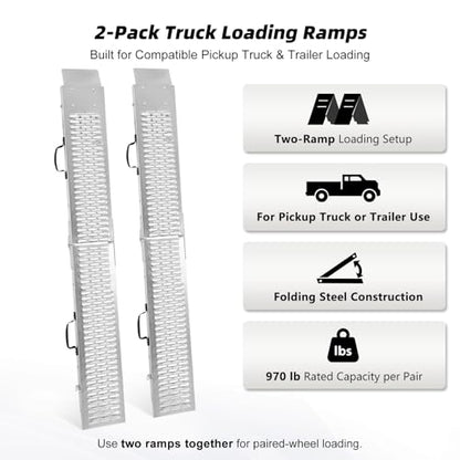 Folding Steel Loading Ramps for Pickup Trucks and Trailers, 970 lb Capacity, Locking Latches, 4 Dual-Hook Ratchet Straps, for Motorcycles, Dirt Bikes and Light ATVs, 72.7 in x 8.9 in, 2 Pack - size: Perforated Surface - 2 Pack - 970 lb