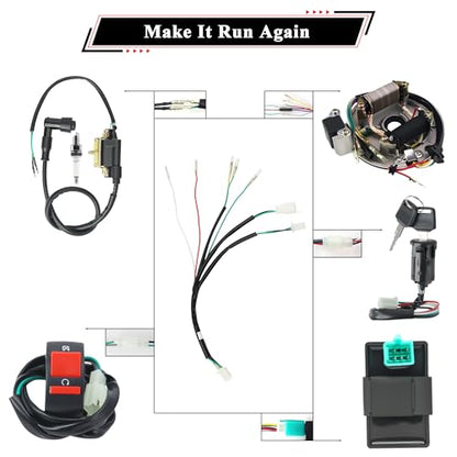 Rebuild Kick Start Dirt Pit Bike Wire Harness Wiring Loom Kit with Ignition Coil CDI 2 Coil Stator White A7TC Spark Plug for 50cc 70cc 90cc110cc 125cc 140cc Lifan Loncin Zongshen YX - color: White