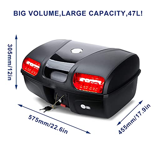 Universal Motorcycle Rear Top Box Tail Trunk Luggage Storage Case,47 Litre Hard Case with Mounting Hardware,with LED Light,Black - size: 47L with LED Light
