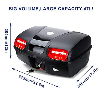 Universal Motorcycle Rear Top Box Tail Trunk Luggage Storage Case,47 Litre Hard Case with Mounting Hardware,with LED Light,Black - size: 47L with LED Light
