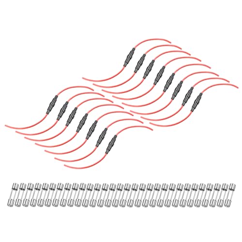 uxcell 15 Pcs 5x20mm Inline Screw Type Fuse Holder 16 Gauge AWG Red Wire with 30 Pcs 10A Fast Blow Glass Fuses - size: 16awg,5x20mm