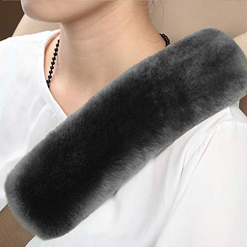 OGLAND Genuine Sheepskin Car Seat Belt Cover Pad-Soft Fuzzy Fluffy Seatbelt Covers-Comfy Shoulder Pad Neck Cushion Protector for Woman, Man, Girl Car Accessories, 1 Piece Carbon Black - color: Carbon Black
