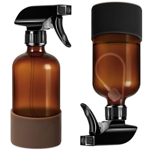 Tecohouse 2 Pack 360° Amber Glass Spray Bottles with Silicone Sleeve, 16 oz Empty Refillable Containers with Adjustable Spray Nozzles, Dark Spray Bottles for Cleaning Solutions, Plants (Black & Brown) - color: Amber, size: 16OZ