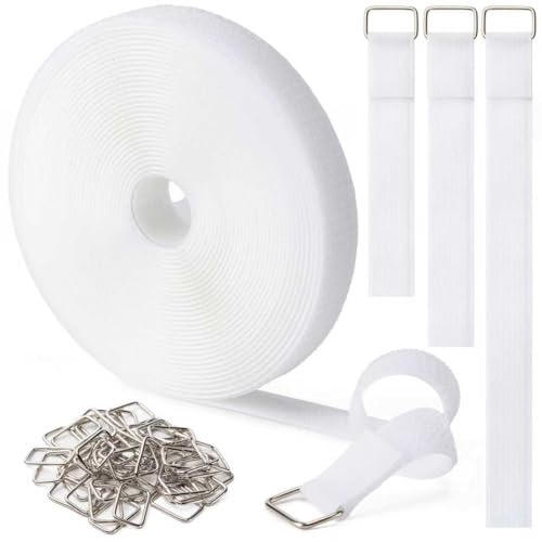 1" x32Ft Hook and Loop Straps with 50 Metal Buckles, Adjustable Fastening Cable Straps, Free Cut Length, Reusable Nylon Cable Ties for Organizer or Storage, White - color: White, size: 1"×32ft Metal Buckle