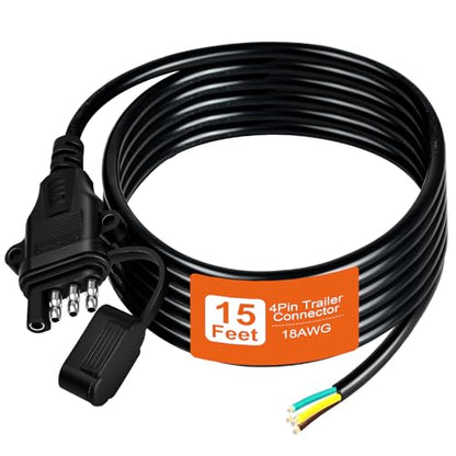 18AWG 15FT 4 Pin Trailer Connector Pure Copper 4 Pin Trailer Wiring Harness Jacketed Cable Heavy Duty Male Extension Wiring Harness 4 Wire 4-Flat Connector 4 Way Flat Plug with Dust Cover - size: 15 Ft 18AWG