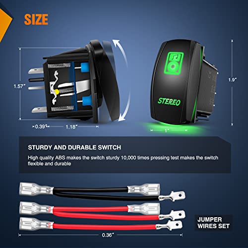 Nilight Stereo Rocker Switch Led Light Bar 5Pin Laser On Off SPST switches 20A/12V 10A/24V Green with Jumper Wires Set for Cars Trucks RVs - color: Green, size: STEREO