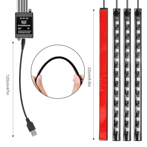 Car LED Strip Lights Christmas, 4Pcs 48 LED Interior Lights, Multicolor Music Car Strip Light Under Dash Lighting Kit with Sound Active Function and Remote Controller, DC 5V
