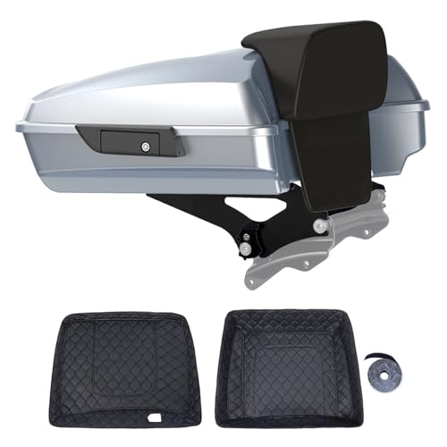 Motorcycle Road Glide Razor Tour Trunk Pack For 2009+ Harley Touring - Barracuda Silver, Black Detachable Mounting Rack, Backrest & Black Trunk Liners - color: Barracuda Silver, size: Razor Tour Trunk Pack, Mount Rack & Black Liners