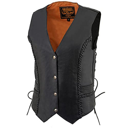 Milwaukee Leather Women's V-Neck Distress Grey Premium Leather Motorcycle Rider Vest w/Side Laces MLL4531 - color: Ml1255-black, size: Large