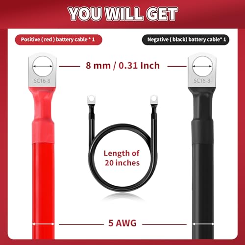 5 AWG Battery Cable 2 Pcs, 20 Inch Battery Cables with M8 Ring Terminals, Marine Batterys Cable Pure Copper, Batterys Ground Cables for Motorcycle, Car, Truck, Rv, Boat - size: M8/20INCH/5AWG