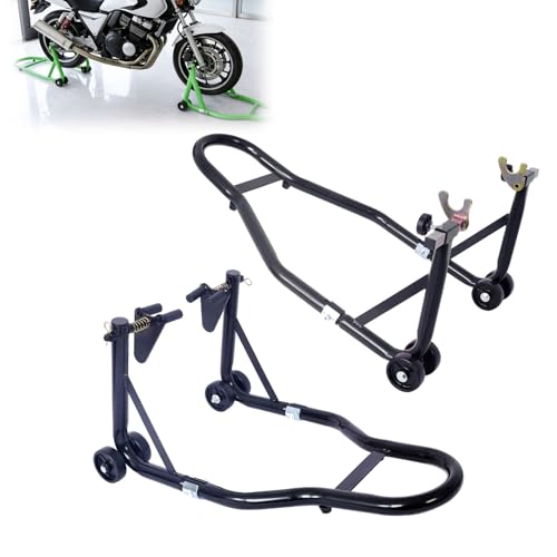 Motorcycle Stand Lift Set, 1000 lb Capacity Front & Rear Combo Paddock Stands, Front Dual-Fork Wheel Stand & Rear U+L Fork Swingarm Spool Stand, Adjustable, for Most Sport & Street Motorcycles,Black - color: Black