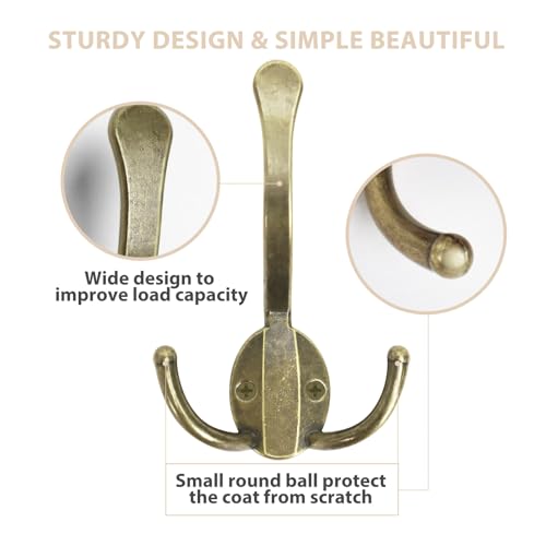 Homanu 10 Pack Coat Hooks Heavy Duty, Metal Three Prongs Large Coat Hooks Wall Mounted with 20 Screws, No Rust Antique Brass Rustic Wall Hooks for Hanging Towel, Coat, Scarf, Bag, Hat, Cup, Key - color: 10 Pcs Antique Brass
