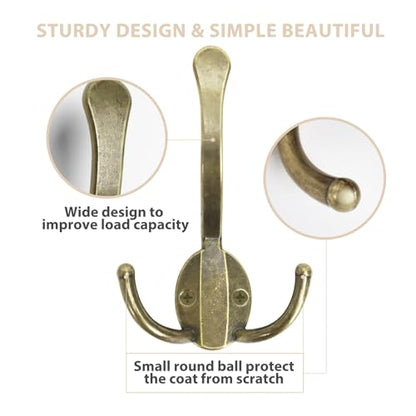Homanu 10 Pack Coat Hooks Heavy Duty, Metal Three Prongs Large Coat Hooks Wall Mounted with 20 Screws, No Rust Antique Brass Rustic Wall Hooks for Hanging Towel, Coat, Scarf, Bag, Hat, Cup, Key - color: 10 Pcs Antique Brass