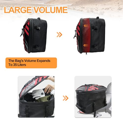 MDSTOP Motorcycle Tail Bag, Dual Use Seat Helmet Bag Backpack with Waterproof Rain Cover, 22L-34L Expandable Motorcycle Rear Seat Bag (Black+Red, M)