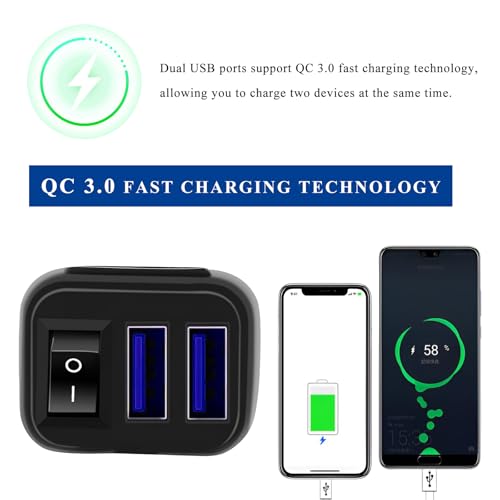 Motorcycle USB Charger, Dual Port Quick Charge 3.0 Motorcycle Charger with Voltmeter & ON/Off Switch, Waterproof Quick Disconnect SAE to USB Adapter for Phones Tablets GPS