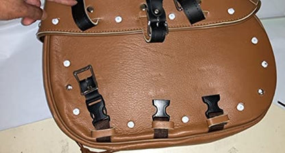 Motorcycle Large Saddle Tan Color Studed 3 Strap Real Leather Saddlebag Biker