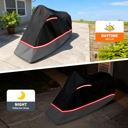 Full Enclosed Motorcycle Cover,Waterproof for Outdoor & Indoor Storage, 600D Heavy Duty with Reflective Strips, Fits Scooters & Touring Motorcycles up to Length 108" x 45" x 59" Black&Gray - size: 108"L-45"W-59"H