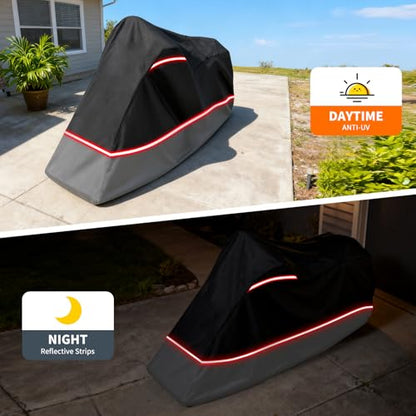 Full Enclosed Motorcycle Cover,Waterproof for Outdoor & Indoor Storage, 600D Heavy Duty with Reflective Strips, Fits Scooters & Touring Motorcycles up to Length 108" x 45" x 59" Black&Gray - size: 108"L-45"W-59"H