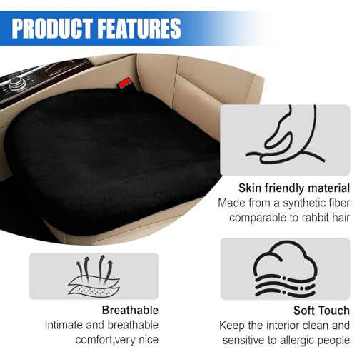 Sheepskin Car Seat Cushion, Thin Soft Faux Fur Auto Seat Cover, Breathable Comfort Seat Protector Pad, Fluffy Non-Slip Winter Driver Seat Cover for Car, Truck, Office, Home Decoration (Black)