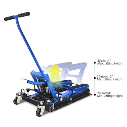 Hydraulic Motorcycle Lift Jack, 1500 LBS Scissor Lift Table with 4 Casters, Foot-Operated ATV UTV Lift Stand for Motorcycle ATV UTV Powersports, Portable Blue