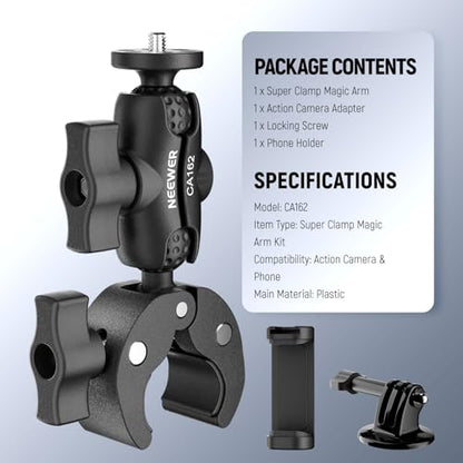 NEEWER Super Clamp Action Camera Mount with 360° Dual Ball Heads, Bike/Bicycle/Motorcycle Handlebar Holder Compatible with iPhone Insta360 DJI OSMO Action GoPro Hero for POV Video Recording, CA162 - style: CA162