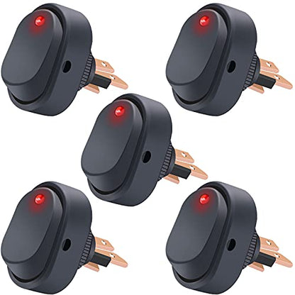 Twidec/5Pcs LED Lighted Rocker Switch Toggle 12V 30A SPST 3 Pin On-Off Red Round Dot Switch for Car Boat Marine ASW-20D-R - color: Red LED-Oval Shaped