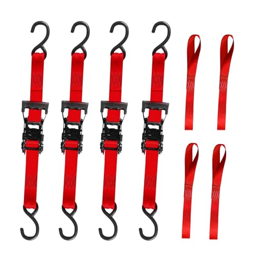 4 Pack Ratchet Tie Down Straps, 1.5 inch x 12ft, 4400 LBS Break Strength for ATV, UTV, Motorcycle, Pickup Truck, Trailer, Rubber Coatded S-Hook and Soft Loop - color: Red