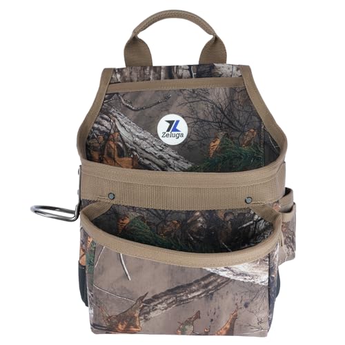 Zeluga 20-566 Camo Tool Organizer Pouch with Metal Hammer Holder, Heavy Duty Canvas Tool Belt Pouch for Carpenters, Construction Workers, Electricians, Multi-Pocket Tool Storage Bag with Top Handle - color: Camo