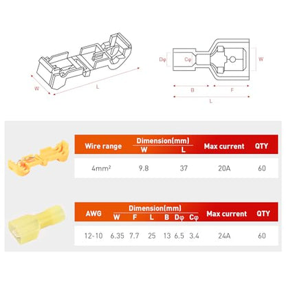 Nilight 120PCS/60 Pairs Quick Splice Disconnect Wire Terminals T-Tap Spade Wire Connectors Yellow 12-10 AWG Male Female Fully Insulated Electrical Crimp Self-Stripping Kit - size: 120Pcs 12-10AWG