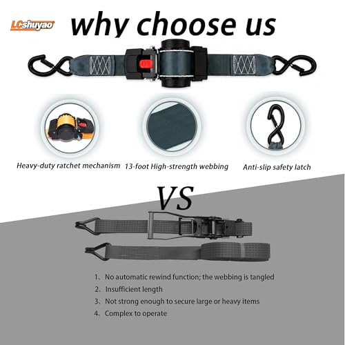 Heavy Duty Retractable Ratchet Tie Down Straps 2" x 13FT 2 Pack, 3500 lbs Break Strength Cargo Straps with Safety Lock S Hooks, No Tangle Tie Downs for Trailer Truck Motorcycle ATV Moving - color: Black