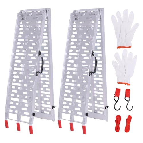 2PCS 7.3ft Aluminum Motorcycle Ramp Folding Heavy Duty Ramp with Load Straps for Pickup Trucks Motorcycles ATVs Lawn Mowers