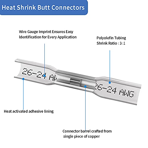 Heat Shrink Butt Connectors, 200 Pcs Clear 26-24 AWG Insulated Waterproof Electrical Heat Shrink Wire Connectors Automotive Marine Wire Crimp Terminals Butt Splices for Boat, Car - size: 26-24 AWG