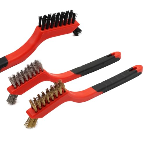 3PCS Durable Wire Brush Set,Brass Stainless Steel Nylon,Curved Handle Brush for Cleaning Rust Removal in Holes DIY Enthusiasts(Red) - style: Red-Nylon,Brass,Stainless Steel