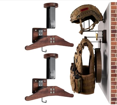 2PCS Tactical Gear Wall Mount, Motorcycle Helmet Holder Wall Mount with Hook, Tactical Accessory Display Rack for Police Football Cycling Accessories - color: Walnut Color