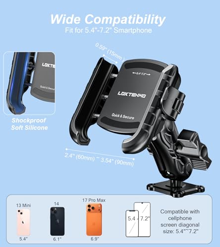 LOKTENWO Anti Vibration Phone Mount, 1s Lock & Release Phone Holder with Shock Dampener, Camera Friendly Aluminum AMPS Square Base Medium Arm for Car Motorcycle UTV Truck Boat, Fits 5.4"-7.2" Phones