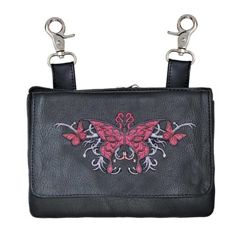 Hip Purse For Women Leather Leg Purse for Biker Red Butterfly Embroidary Fanny Pack Waist Pack Motorcycle Leg Bag Leather Belt Pouch Crossbody Belt - color: Red Butterfly