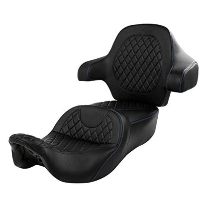 C.C. RIDER Driver Passenger Seat with Wrap-around King Tour Trunk Backrest Pad Sissy Bar fit for Harley Touring Road King FLHR Street Glide FLHX Road Glide FLTRX Electra Glide 2014-2023 - color: 04# Blue+ Passenger Backrest
