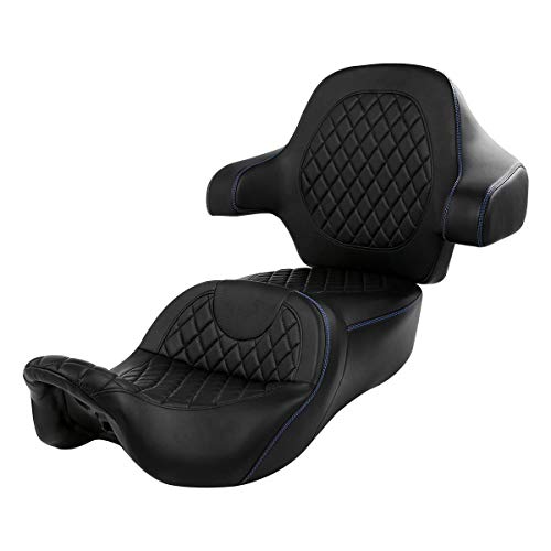 C.C. RIDER Driver Passenger Seat with Wrap-around King Tour Trunk Backrest Pad Sissy Bar fit for Harley Touring Road King FLHR Street Glide FLHX Road Glide FLTRX Electra Glide 2014-2023 - color: 04# Blue+ Passenger Backrest