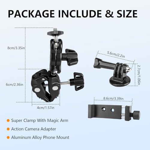 Chelhead Adjustable Phone Camera Holder, 1/4"-20 & 3/8"-16 Threads Universal Tube Mount Fits Up to 3'' Roll Bar Compatible with LED Lights, DSLR Camera, Gopro, Ronin-M, MOVI, Insta360, Tripod/Desk - style: For Camera & Phone