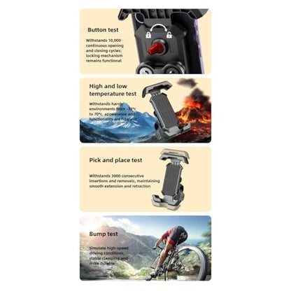 Premium Motorcycle Phone Mount with Anti-Shake Silicone Shock Absorber, 360° Rotation, Four-Corner Protection, One-Click Lock System, Tool-Free Installation for Bikes and Scooters