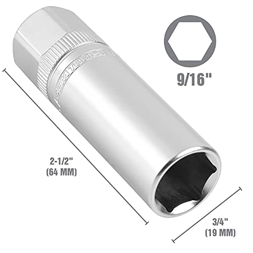 OEMTOOLS 22880 9/16" Magnetic Spark Plug Socket, 3/8" Drive, Alloy Steel, Magnetic Retention, Chrome Finish, For Domestic Vehicles, Easy ID Markings, Knurled Grip - style: 9/16 inch