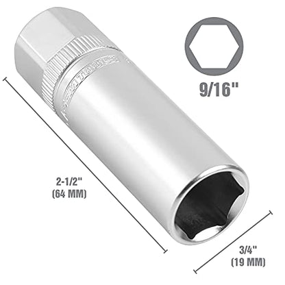 OEMTOOLS 22880 9/16" Magnetic Spark Plug Socket, 3/8" Drive, Alloy Steel, Magnetic Retention, Chrome Finish, For Domestic Vehicles, Easy ID Markings, Knurled Grip - style: 9/16 inch